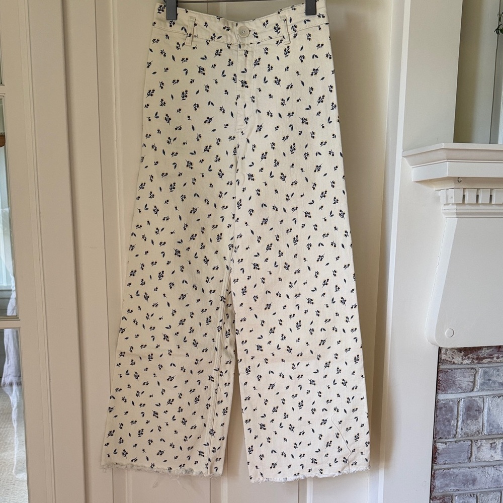 ZARA Natural Wide Leg Floral Print Pants Sz 8